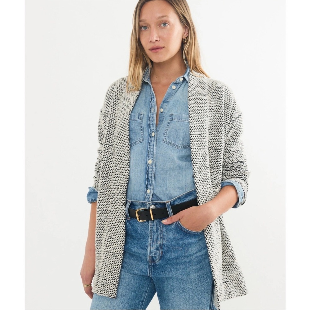 MARINE LAYER Long Cardigan Size XS Textured BIRDSEYE BLACK WHITE Contrast Pocket